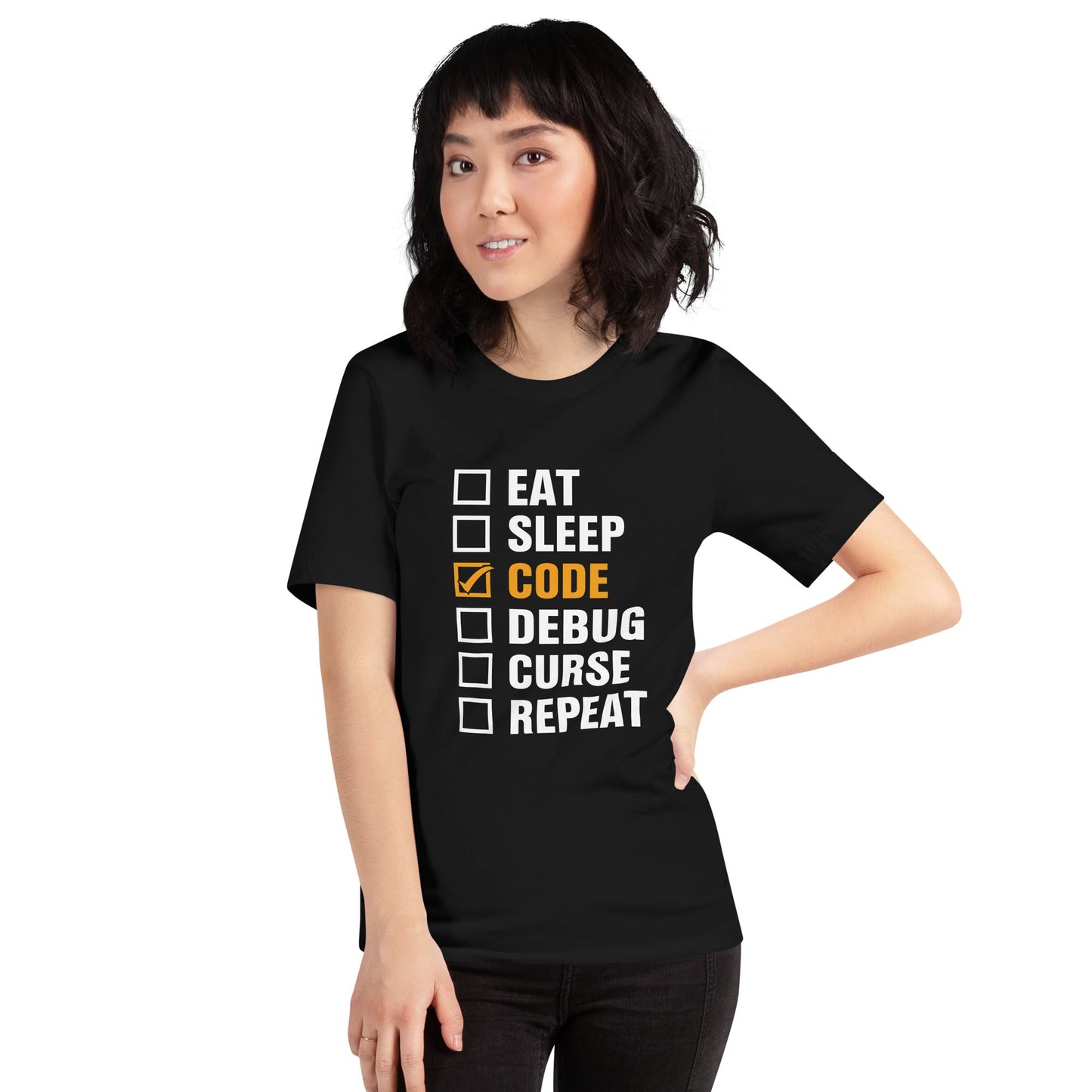 Eat, Sleep, Code √, Debug, Curse, Repeat - Unisex t-shirt by DarkByteGear