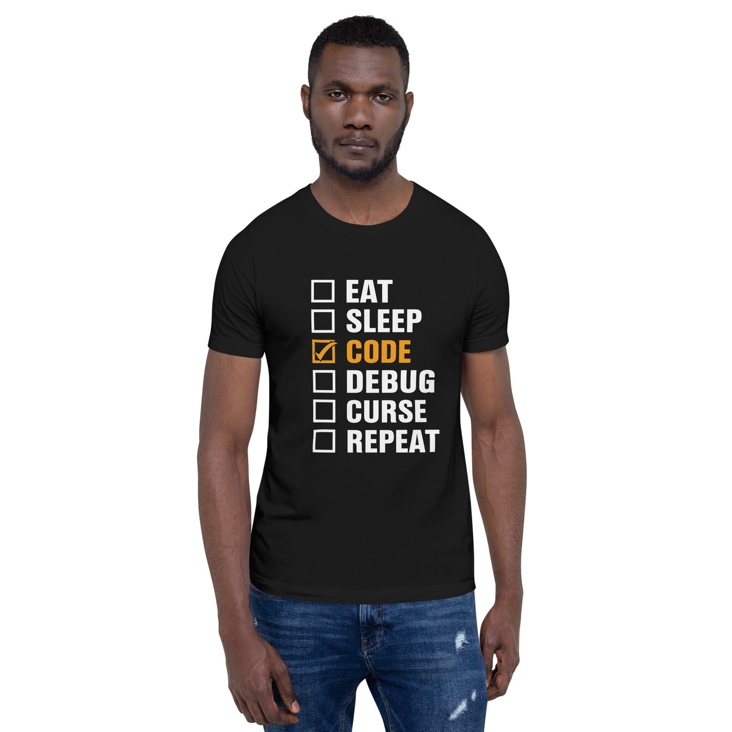 Eat, Sleep, Code √, Debug, Curse, Repeat - Unisex t-shirt by DarkByteGear