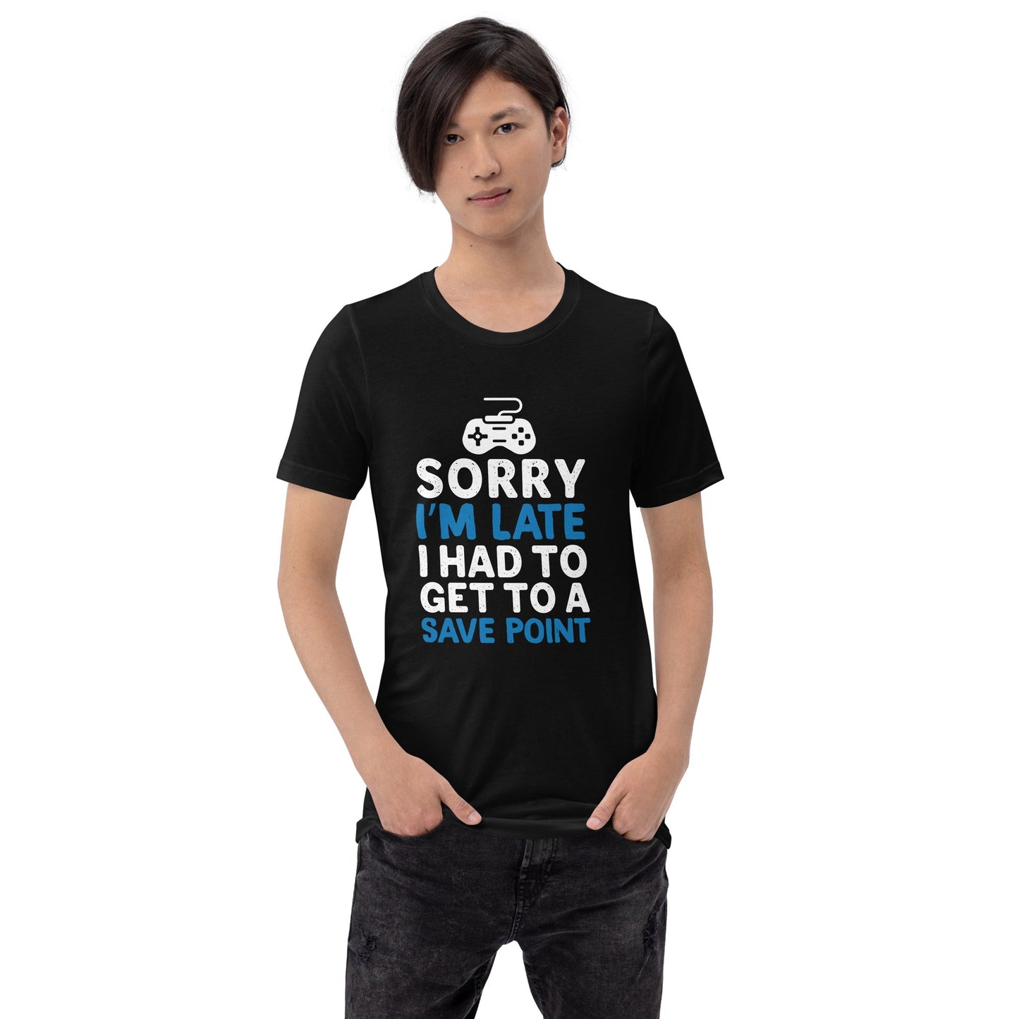 Sorry! I am late, I have to get to a Save Point - Unisex t-shirt by DarkByteGear
