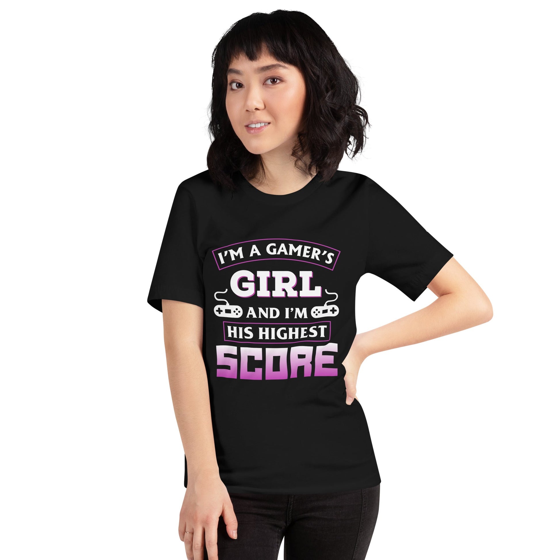 I am a Gamer's Girl, I'm his Greatest Achievement Purple edition - Unisex t-shirt by DarkByteGear