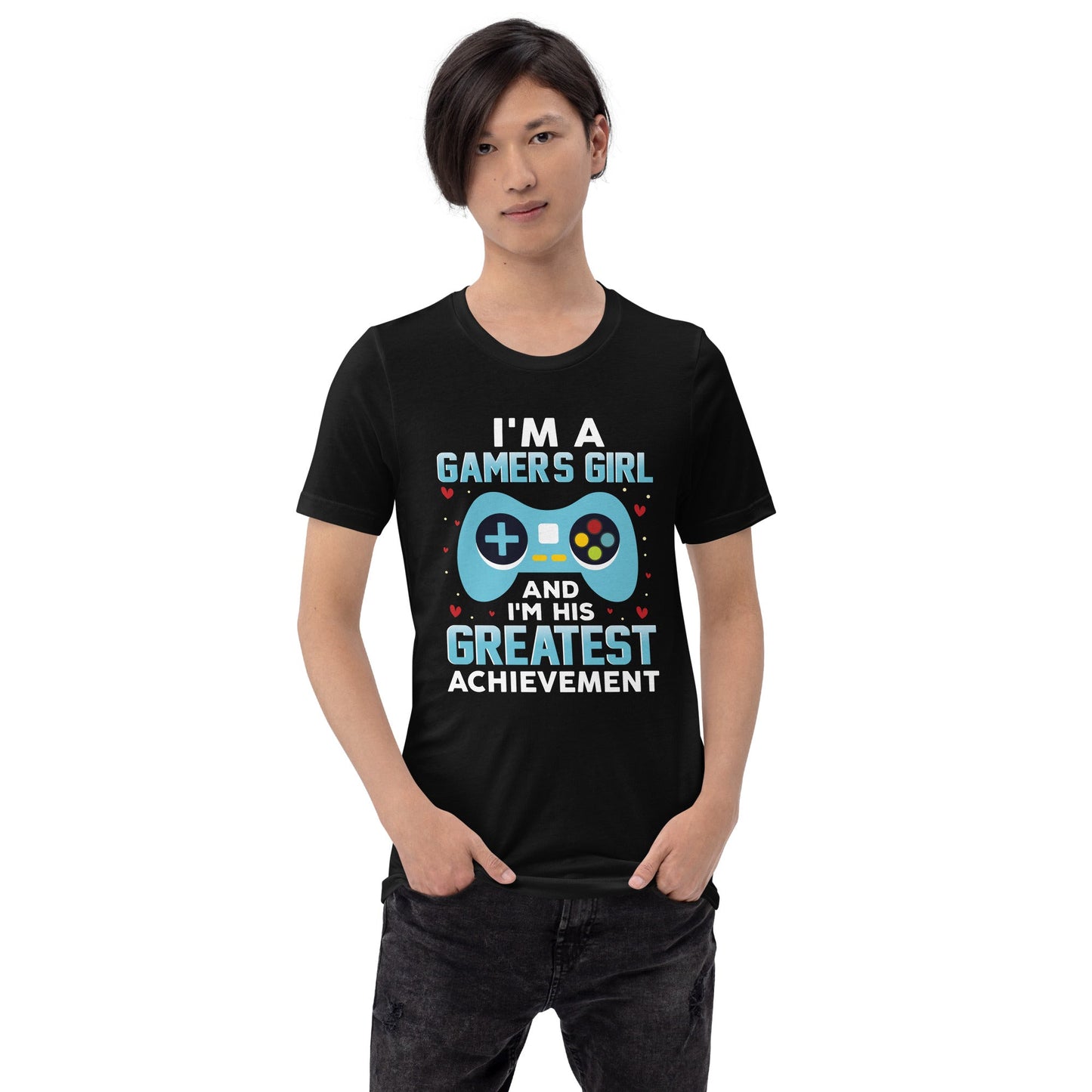 I am a Gamer's Girl, I am his Greatest Achievement (turquoise text ) - Unisex t-shirt by DarkByteGear
