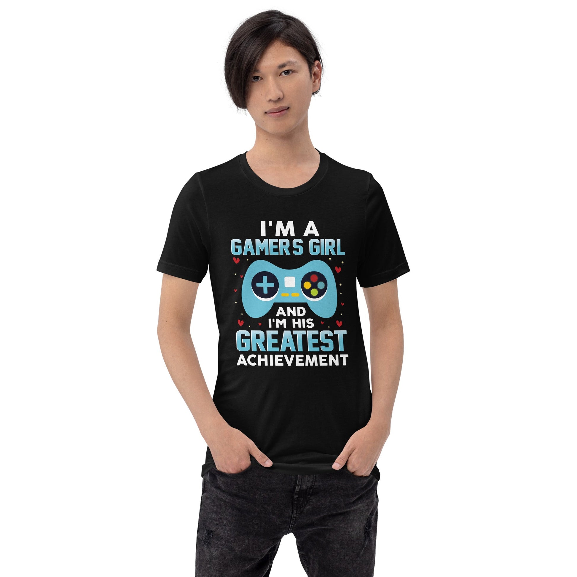 I am a Gamer's Girl, I am his Greatest Achievement (turquoise text ) - Unisex t-shirt by DarkByteGear