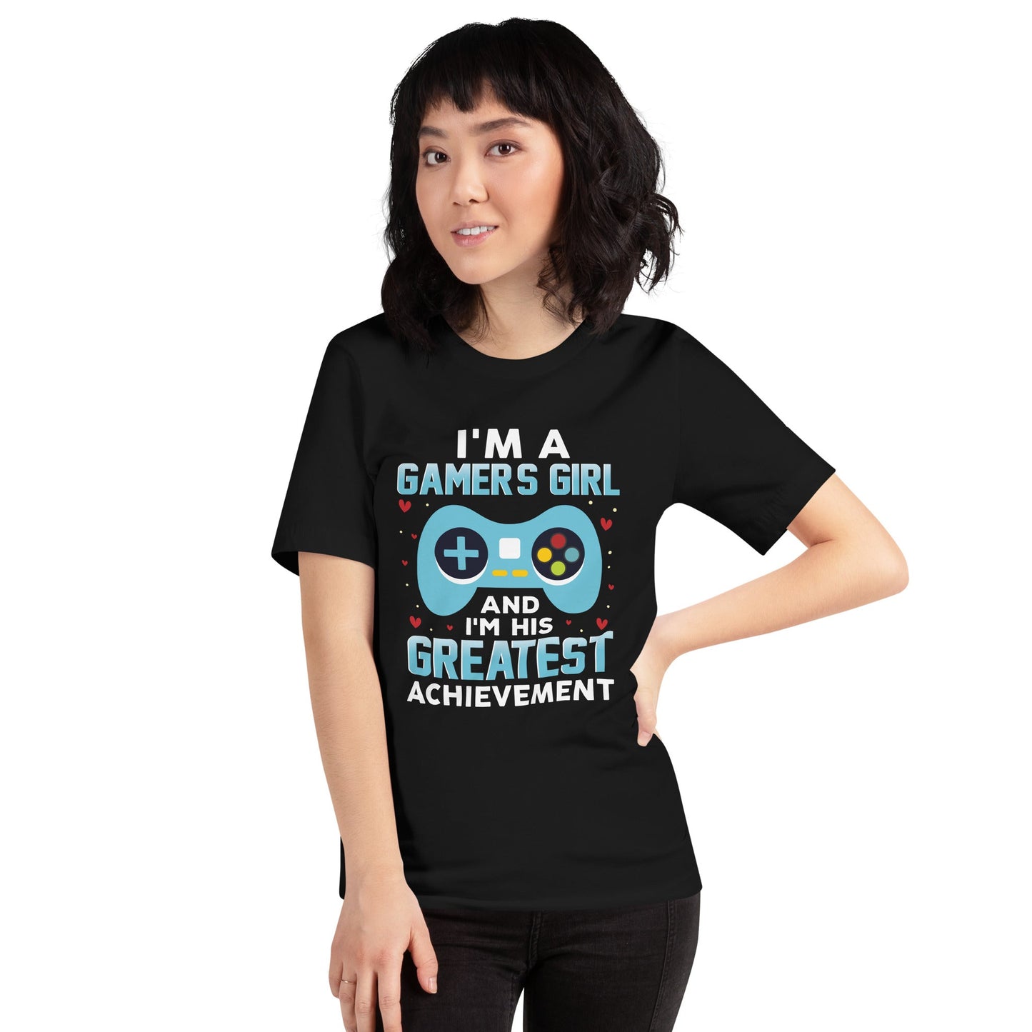 I am a Gamer's Girl, I am his Greatest Achievement (turquoise text ) - Unisex t-shirt by DarkByteGear