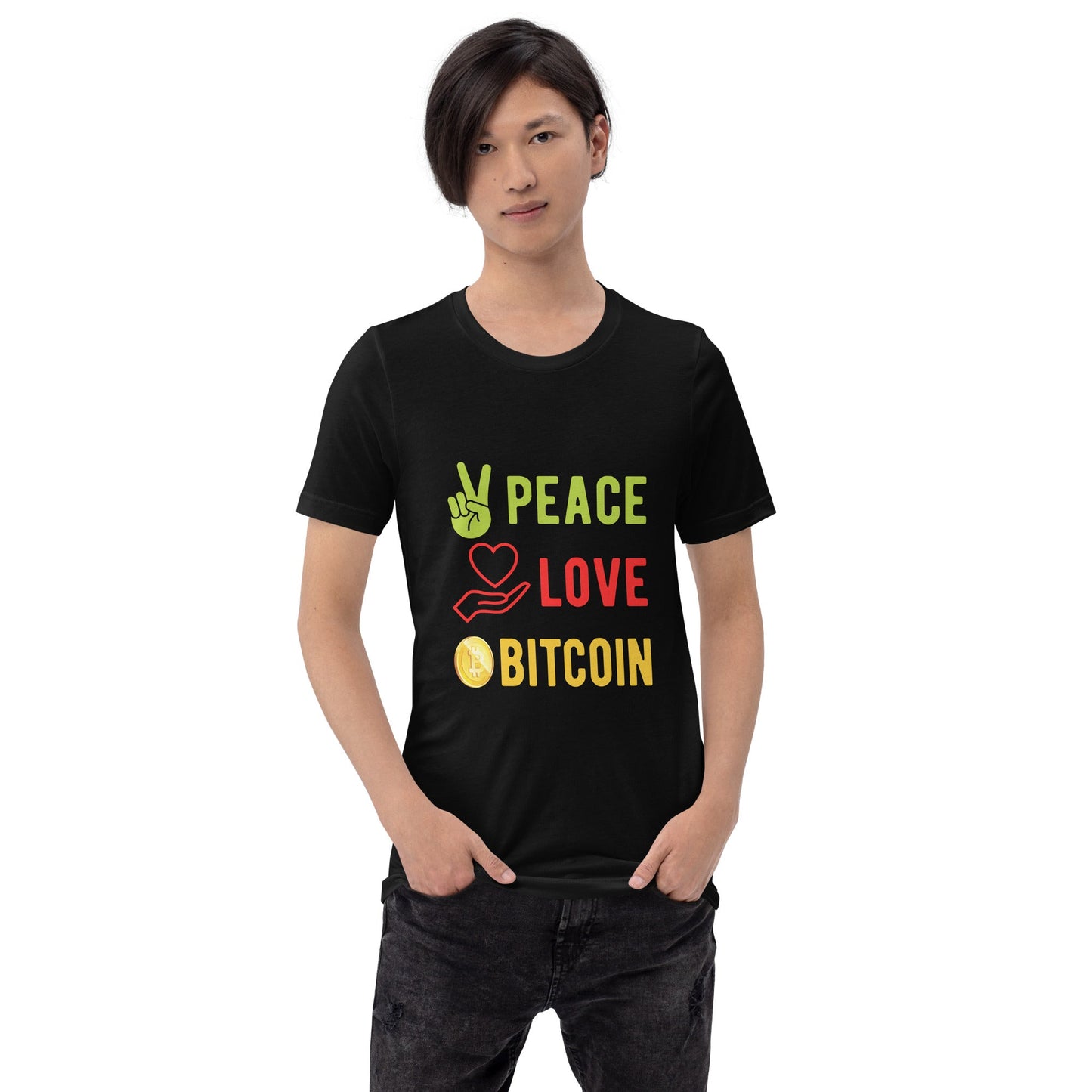 Peace Love Bitcoin Unisex t-shirt by DarkByteGear