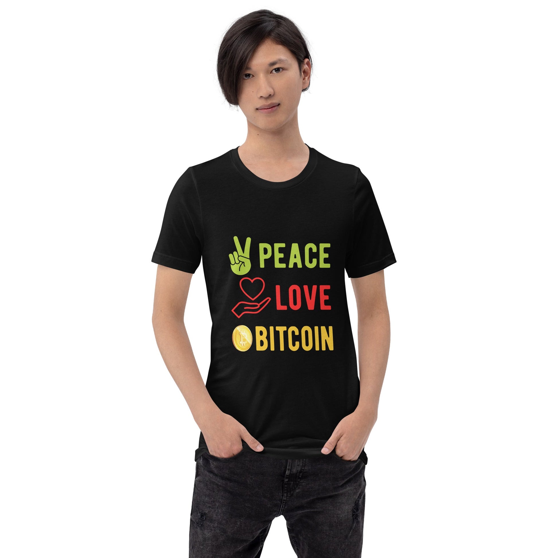 Peace Love Bitcoin Unisex t-shirt by DarkByteGear