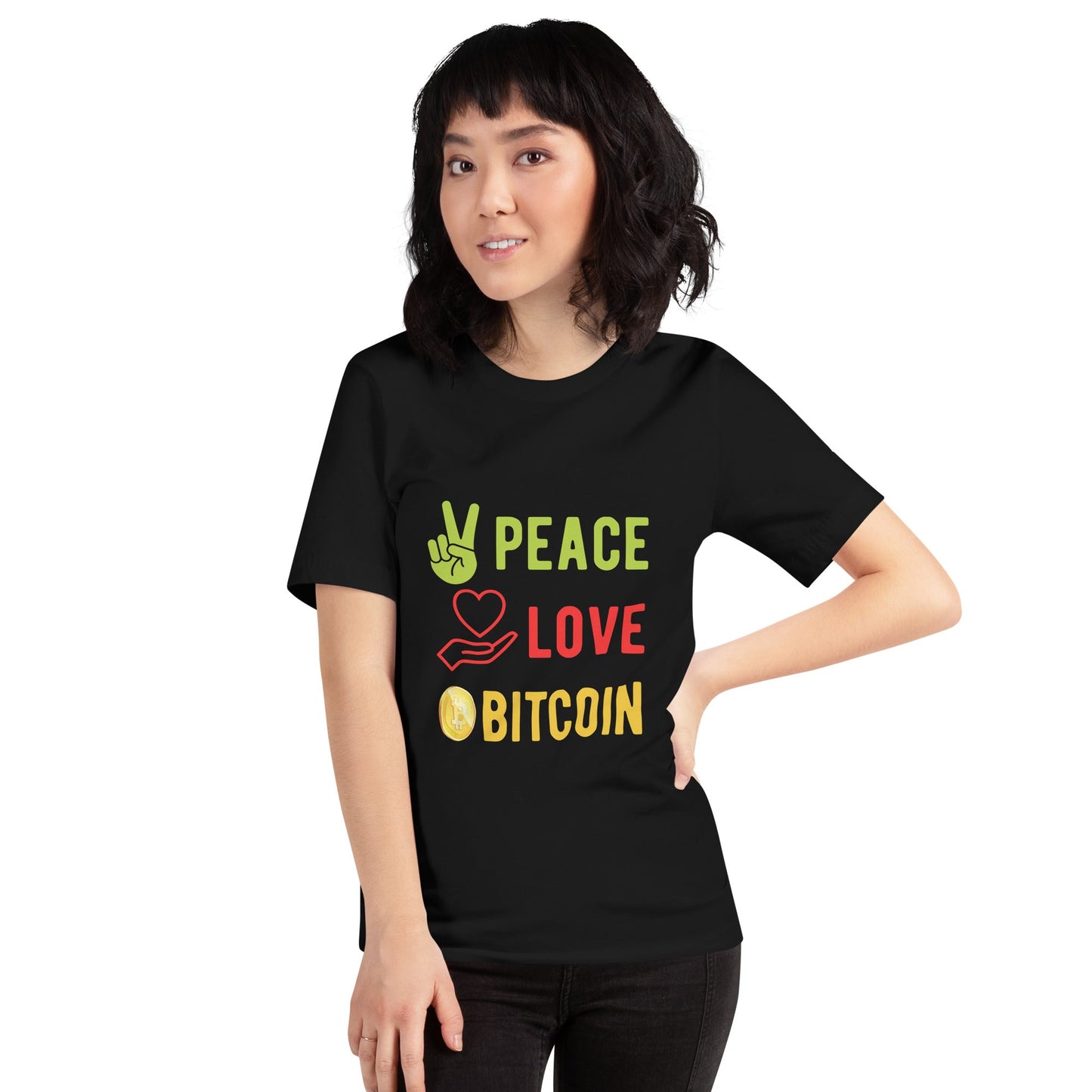 Peace Love Bitcoin Unisex t-shirt by DarkByteGear