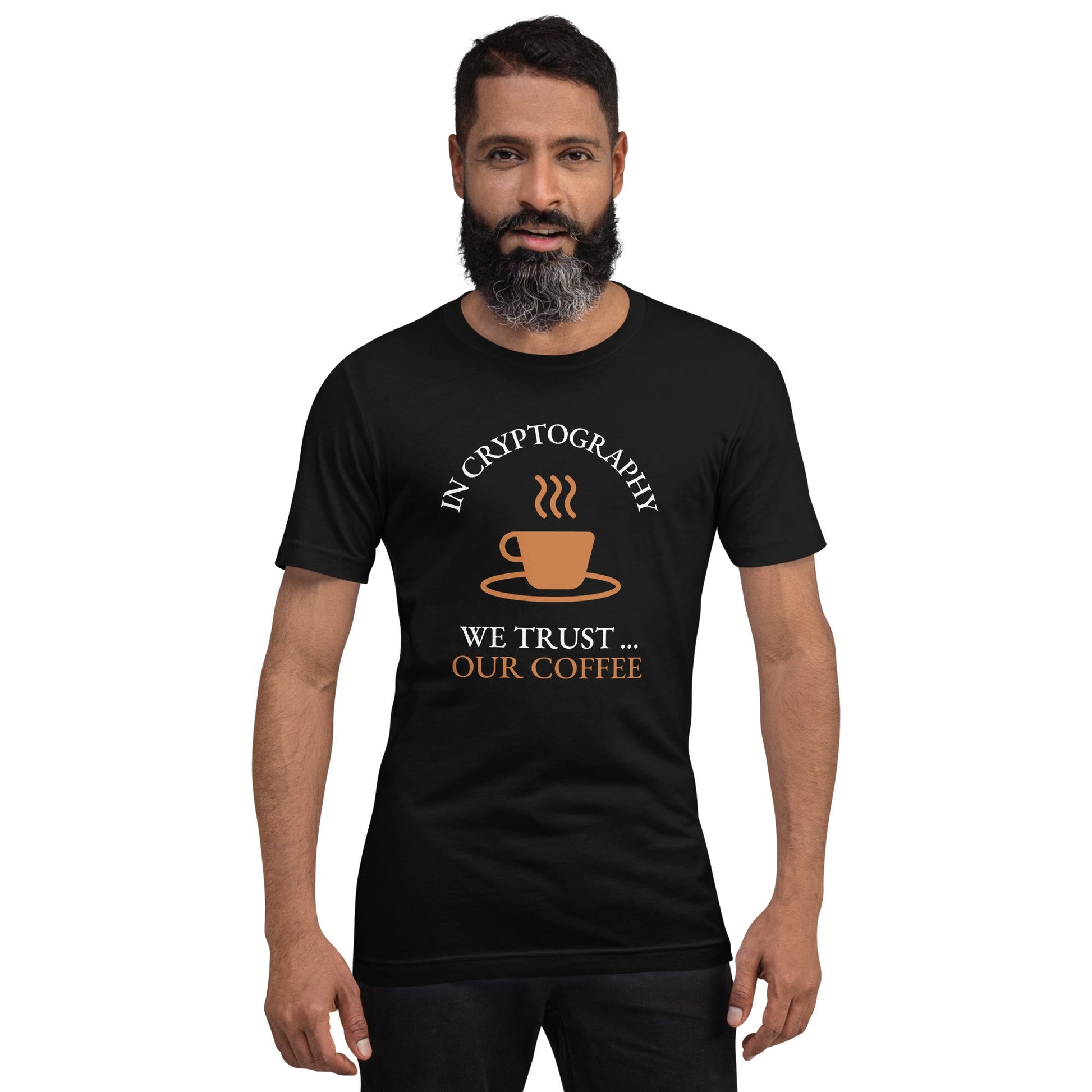 In cryptography, we trust... our coffee (Orange Text) - Unisex t-shirt by DarkByteGear
