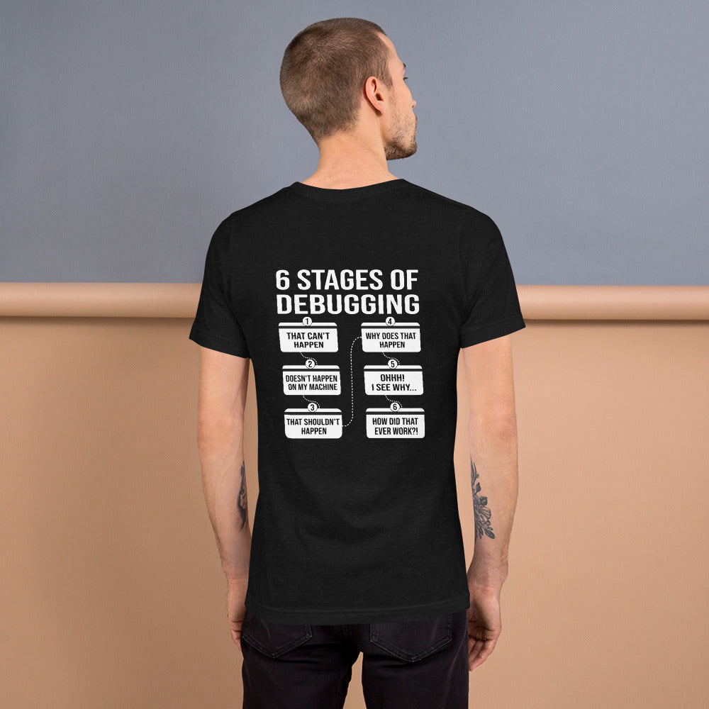 6 Stages of Debugging - Unisex t-shirt (back print) by DarkByteGear