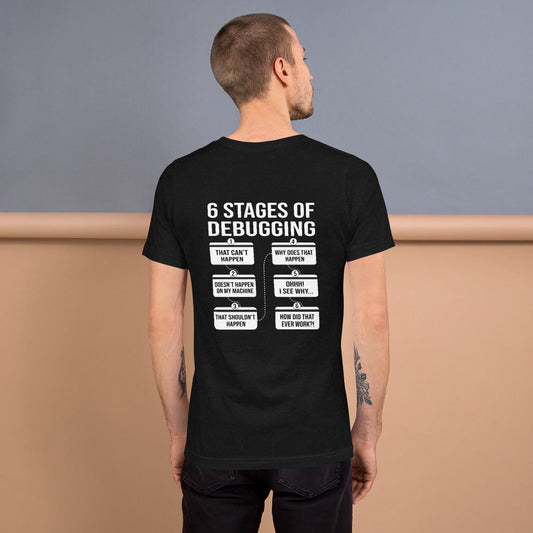 6 Stages of Debugging - Unisex t-shirt (back print) by DarkByteGear