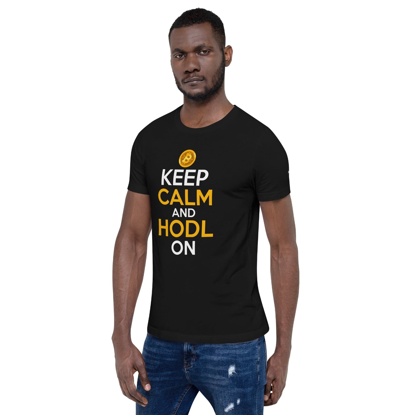 Keep Calm and HODL On ( Yellow and White Text ) - Unisex t-shirt by DarkByteGear