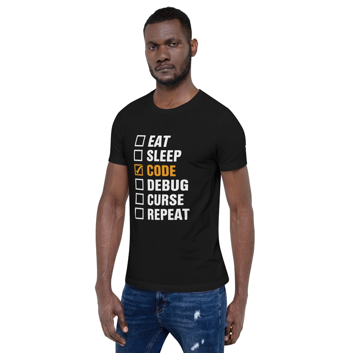 Eat, Sleep, Code √, Debug, Curse, Repeat - Unisex t-shirt by DarkByteGear