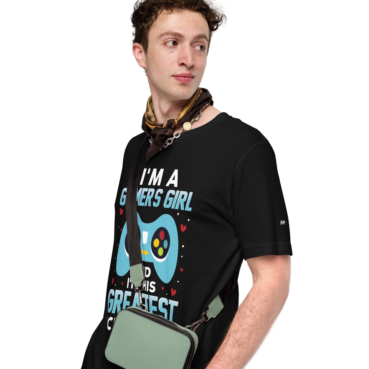 I am a Gamer's Girl, I am his Greatest Achievement (turquoise text ) - Unisex t-shirt by DarkByteGear
