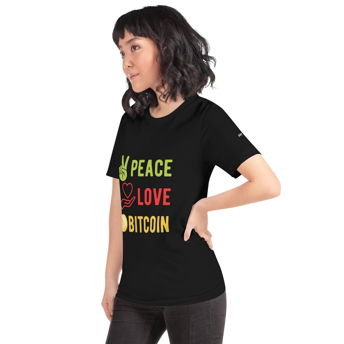 Peace Love Bitcoin Unisex t-shirt by DarkByteGear