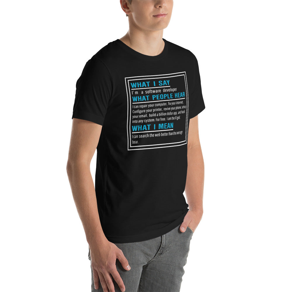 What I say, What people hear, What I mean Unisex t-shirt by DarkByteGear
