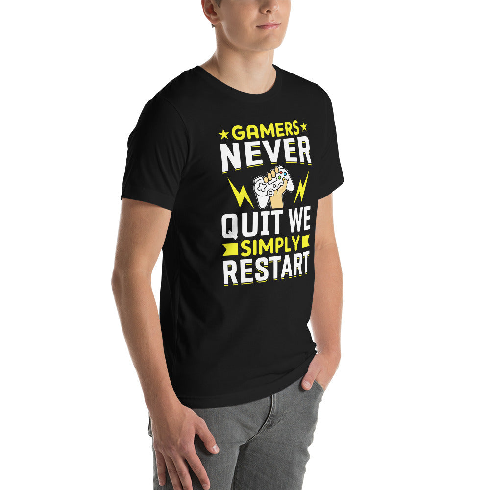 Gamers never Quit, we Simply Restart Unisex t-shirt by DarkByteGear