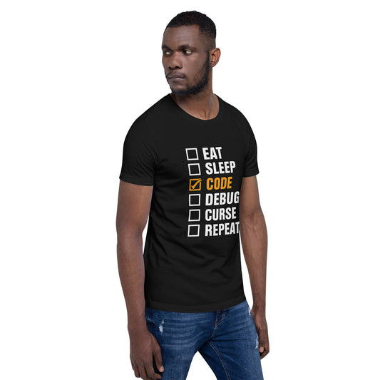 Eat, Sleep, Code √, Debug, Curse, Repeat - Unisex t-shirt by DarkByteGear