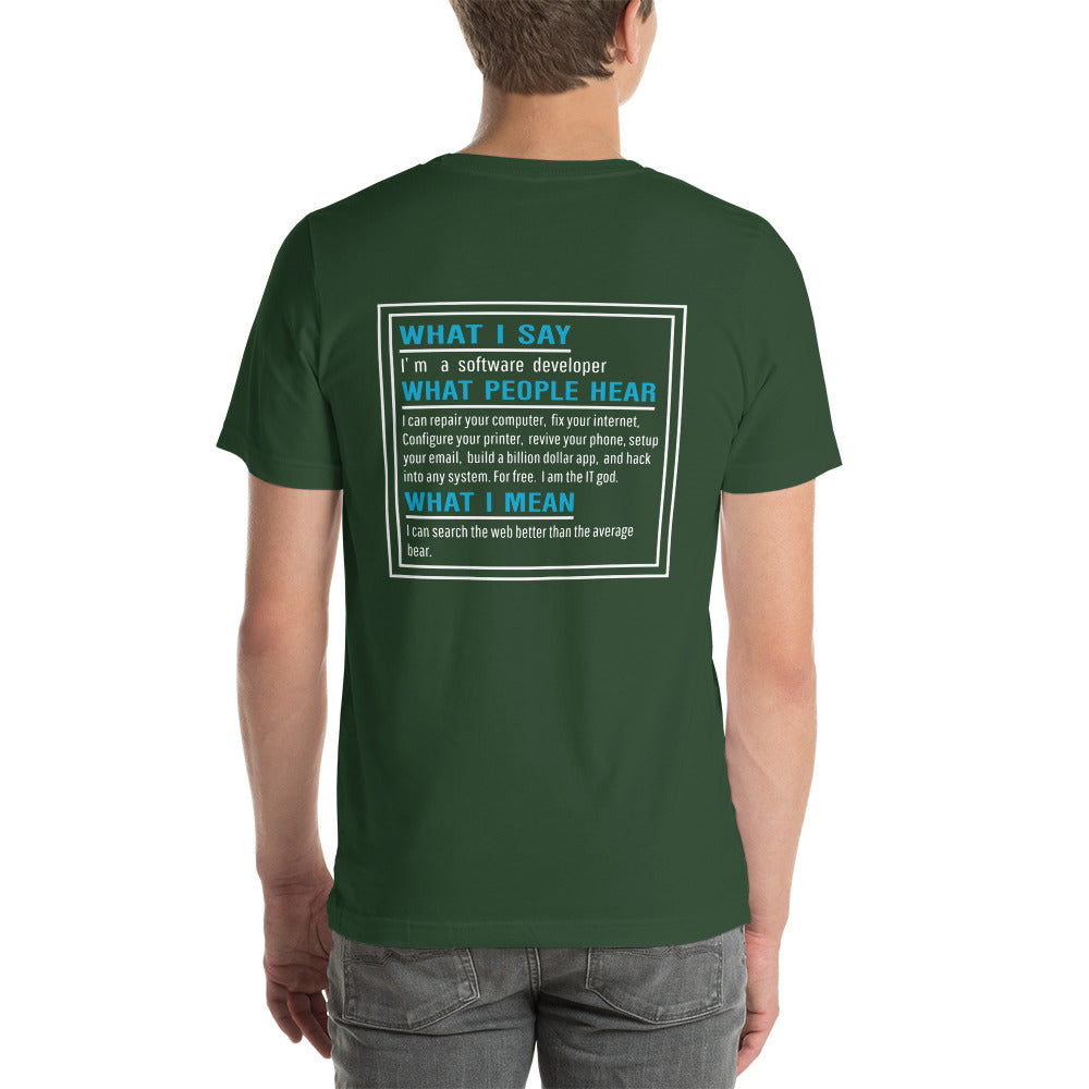 What I say, What people hear, What I mean Unisex t-shirt ( Back Print ) by DarkByteGear