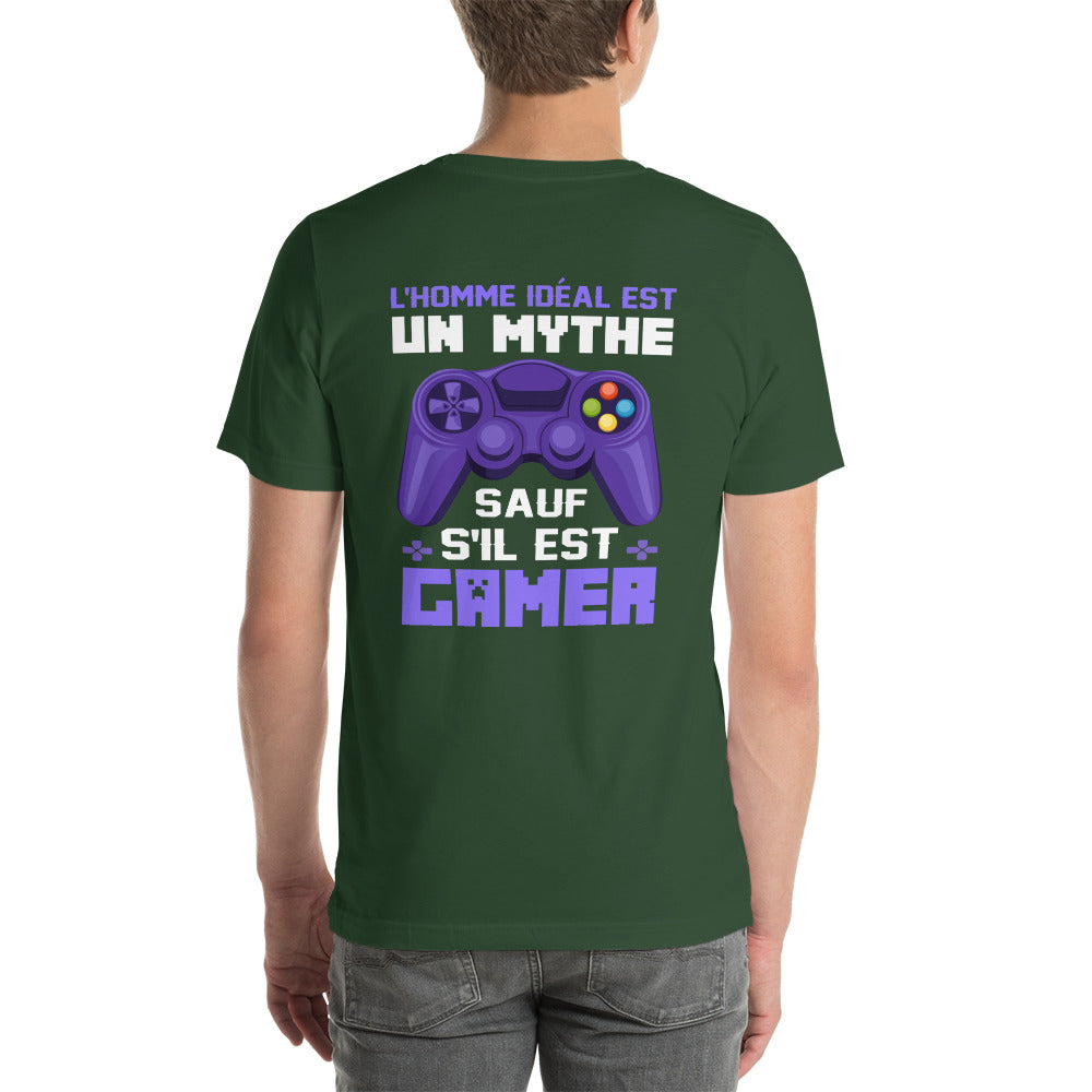 L'HOMME IDEAL EST UN MYTHE SAUF S'IL EST GAMER - Unisex t-shirt ( Back Print ) by DarkByteGear