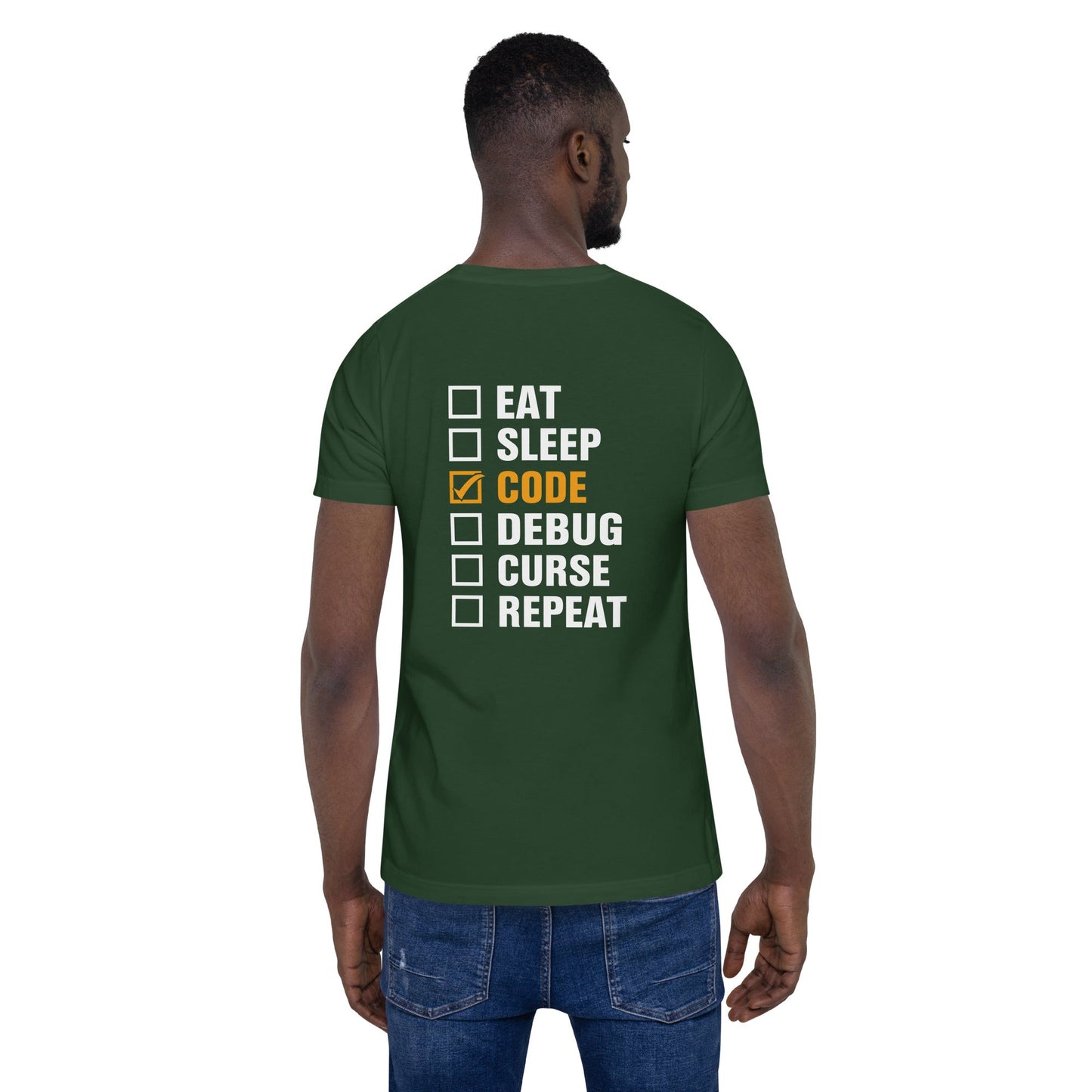 Eat, Sleep, Code √, Debug, Curse, Repeat - Unisex t-shirt by DarkByteGear