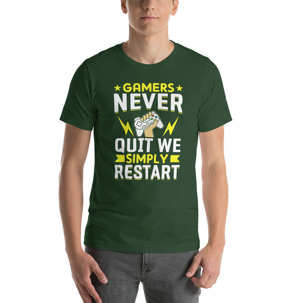 Gamers never Quit, we Simply Restart Unisex t-shirt by DarkByteGear