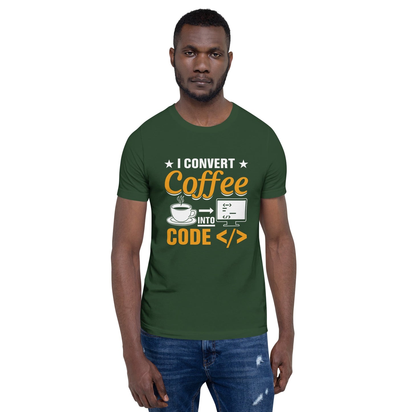 I Convert Coffee into Code </> - Unisex t-shirt by DarkByteGear