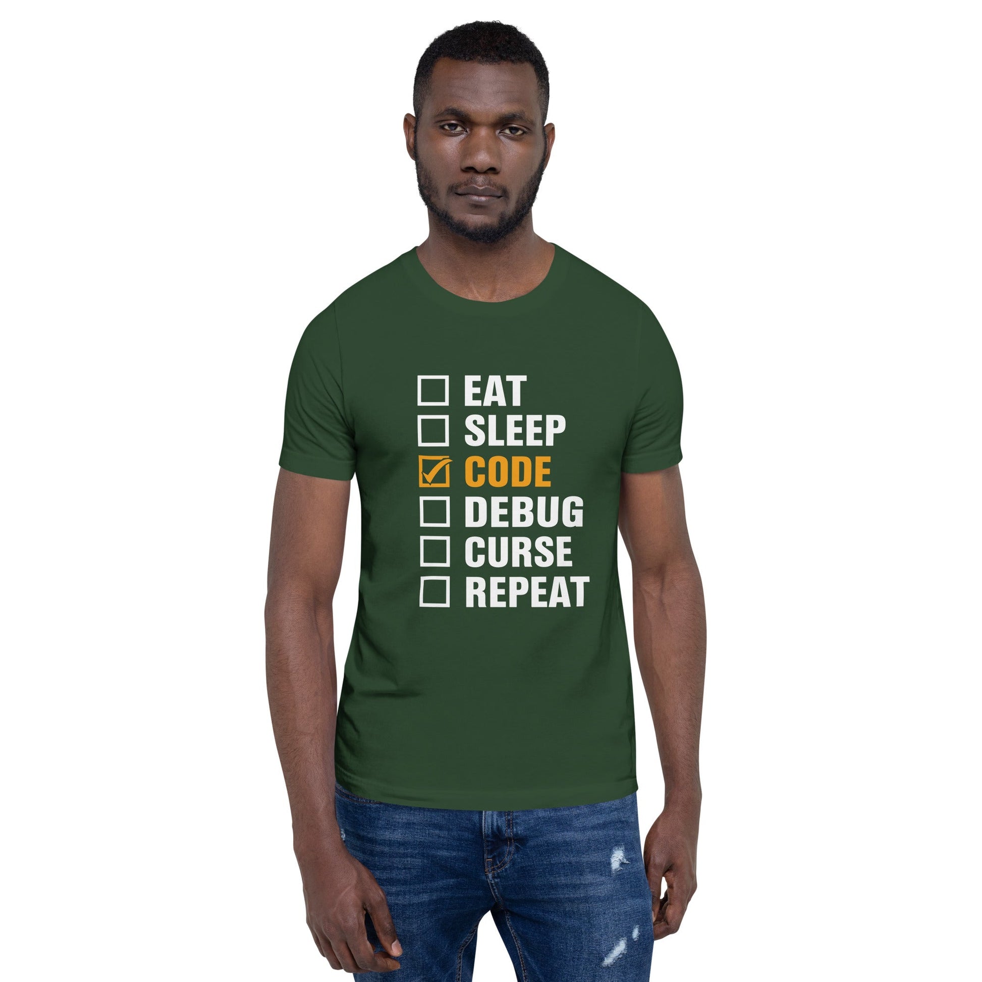Eat, Sleep, Code √, Debug, Curse, Repeat - Unisex t-shirt by DarkByteGear