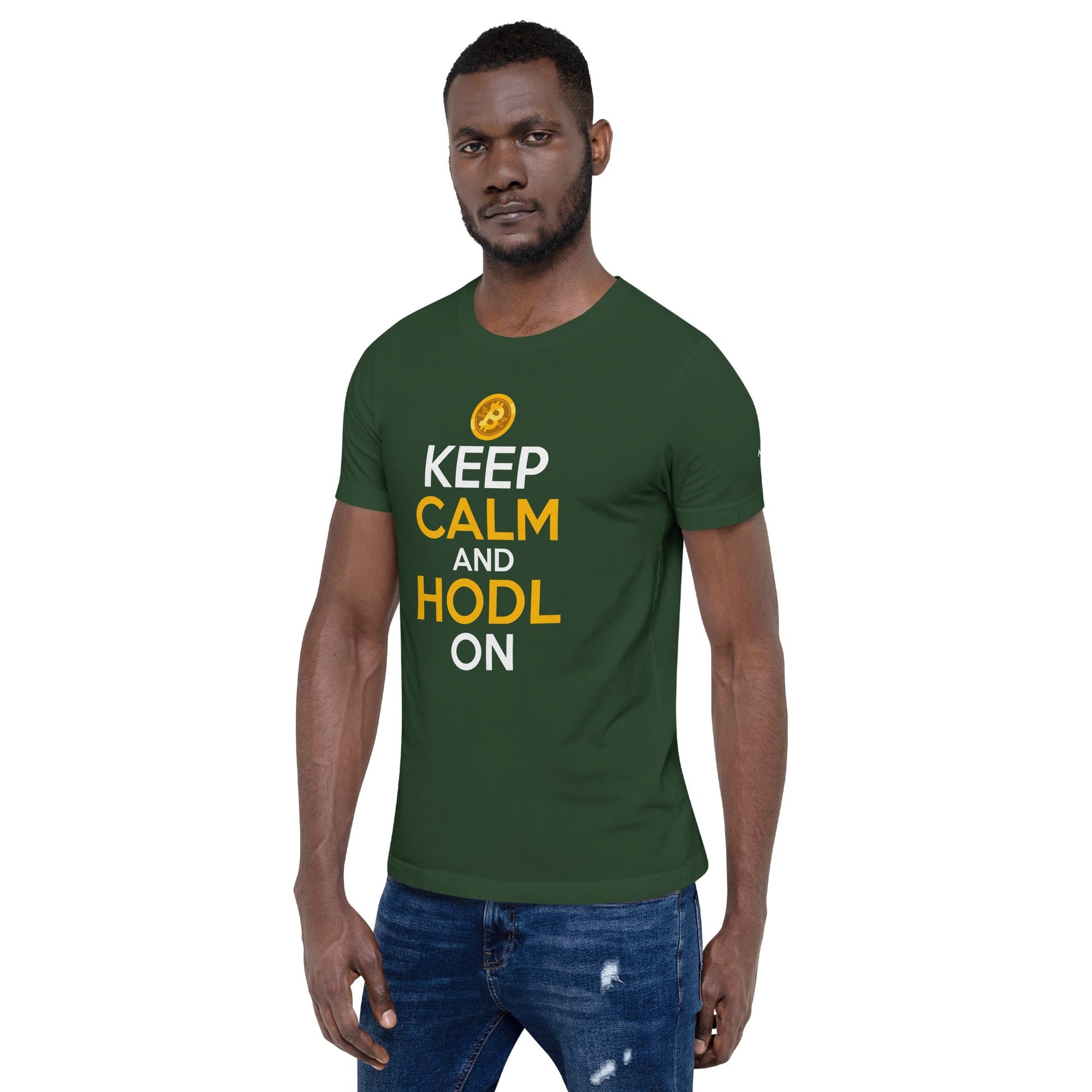 Keep Calm and HODL On ( Yellow and White Text ) - Unisex t-shirt by DarkByteGear