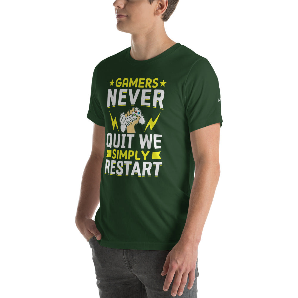 Gamers never Quit, we Simply Restart Unisex t-shirt by DarkByteGear
