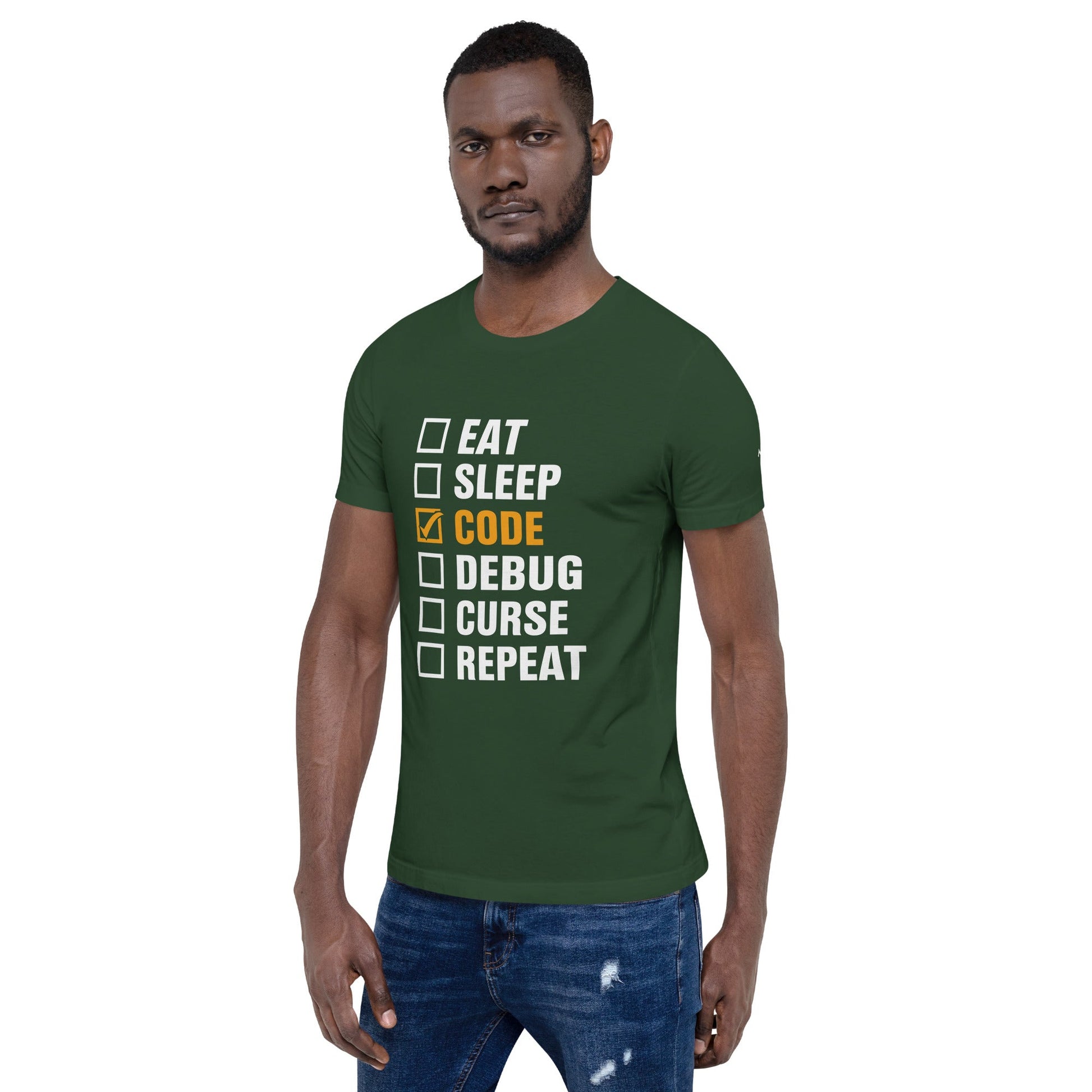 Eat, Sleep, Code √, Debug, Curse, Repeat - Unisex t-shirt by DarkByteGear