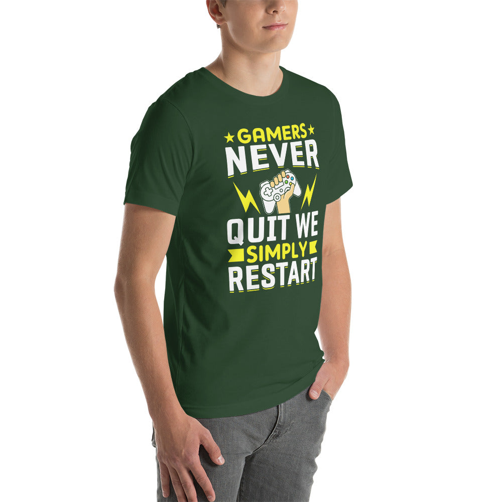 Gamers never Quit, we Simply Restart Unisex t-shirt by DarkByteGear