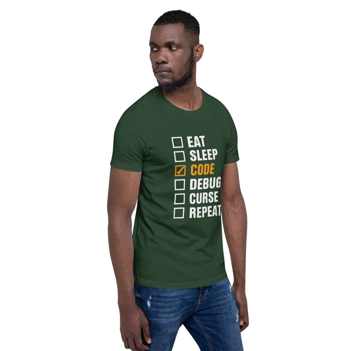 Eat, Sleep, Code √, Debug, Curse, Repeat - Unisex t-shirt by DarkByteGear