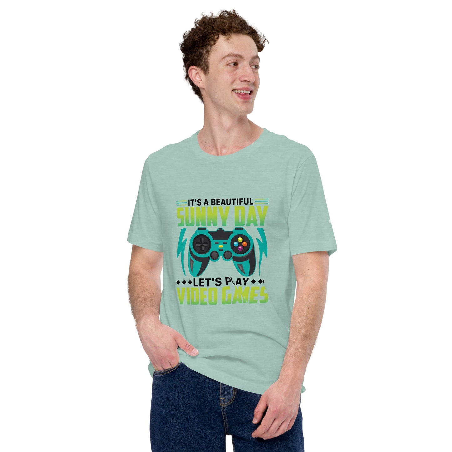 It is a Beautiful Sunny Day; Let's Play Video Games in Dark Text - Unisex t-shirt by DarkByteGear