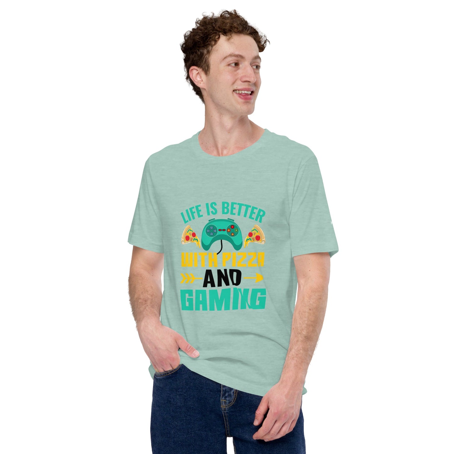 Life is Better With Pizza and Gaming Rima 14 in Dark Text - Unisex t-shirt by DarkByteGear