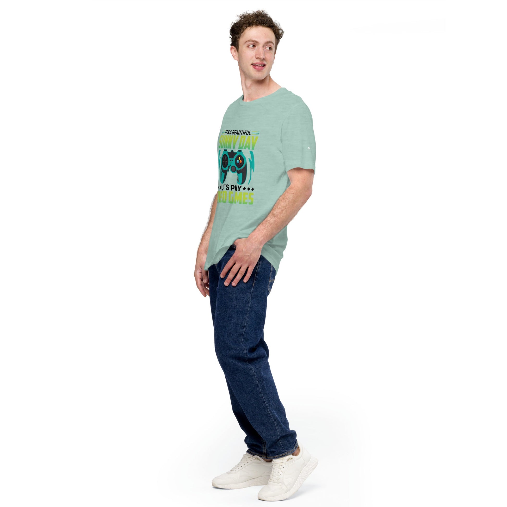 It is a Beautiful Sunny Day; Let's Play Video Games in Dark Text - Unisex t-shirt by DarkByteGear