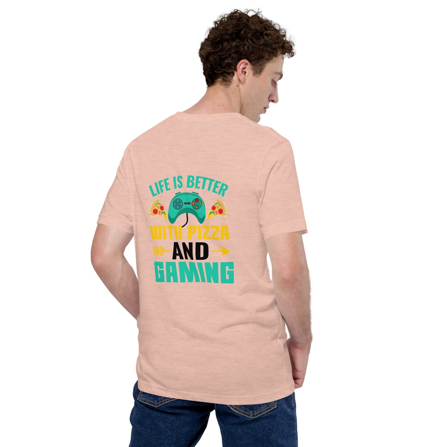 Life is Better With Pizza and Gaming Rima 14 in Dark Text -Unisex t-shirt by DarkByteGear