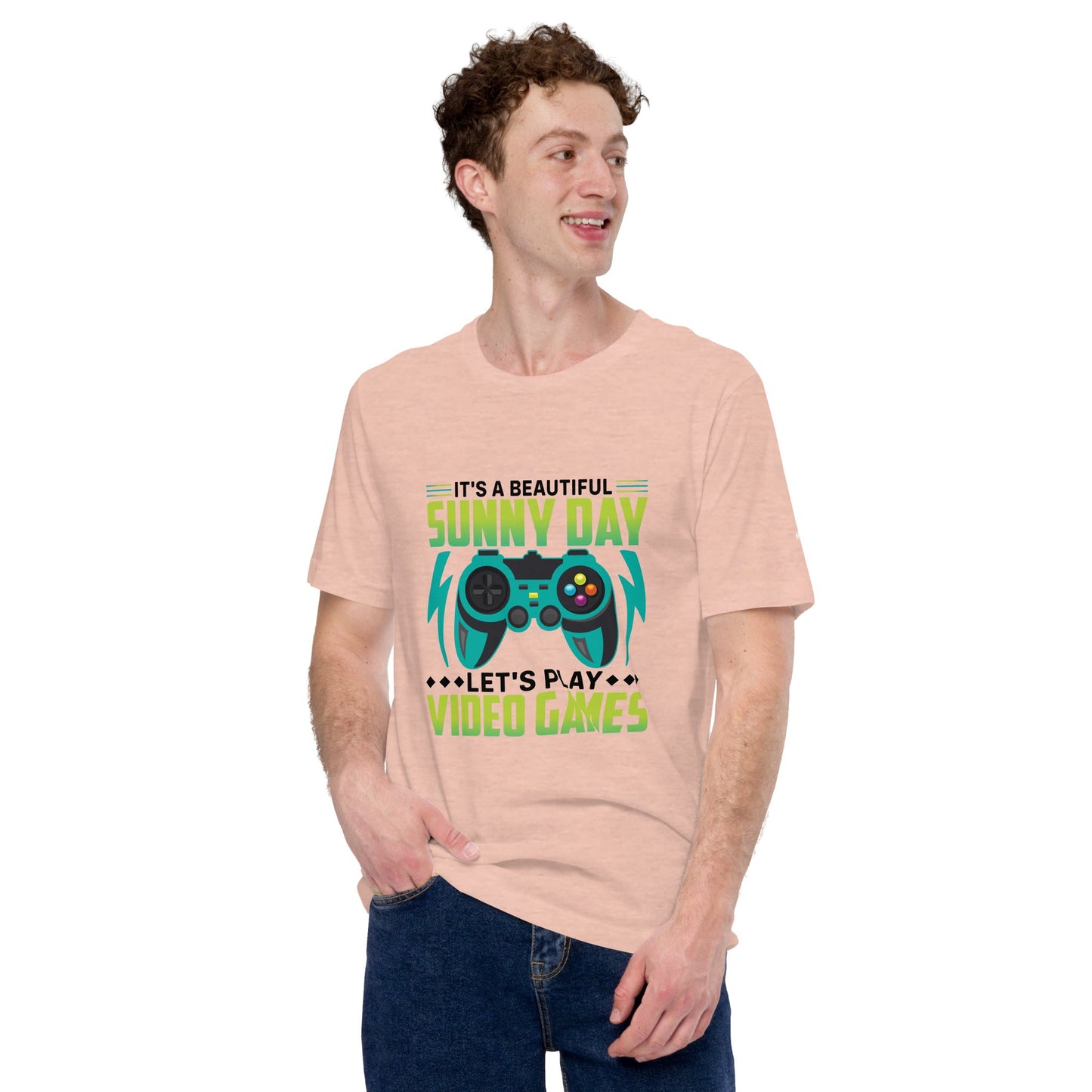 It is a Beautiful Sunny Day; Let's Play Video Games in Dark Text - Unisex t-shirt by DarkByteGear