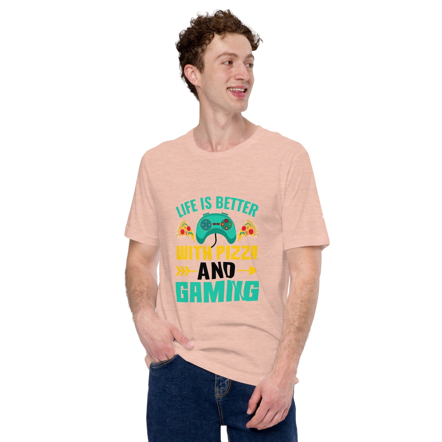 Life is Better With Pizza and Gaming Rima 14 in Dark Text - Unisex t-shirt by DarkByteGear