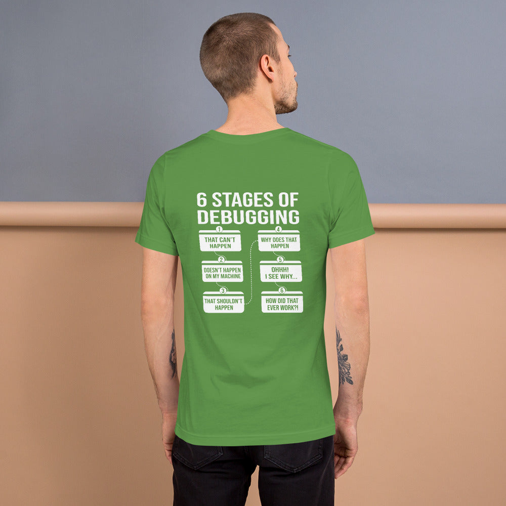 6 Stages of Debugging - Unisex t-shirt (back print) by DarkByteGear