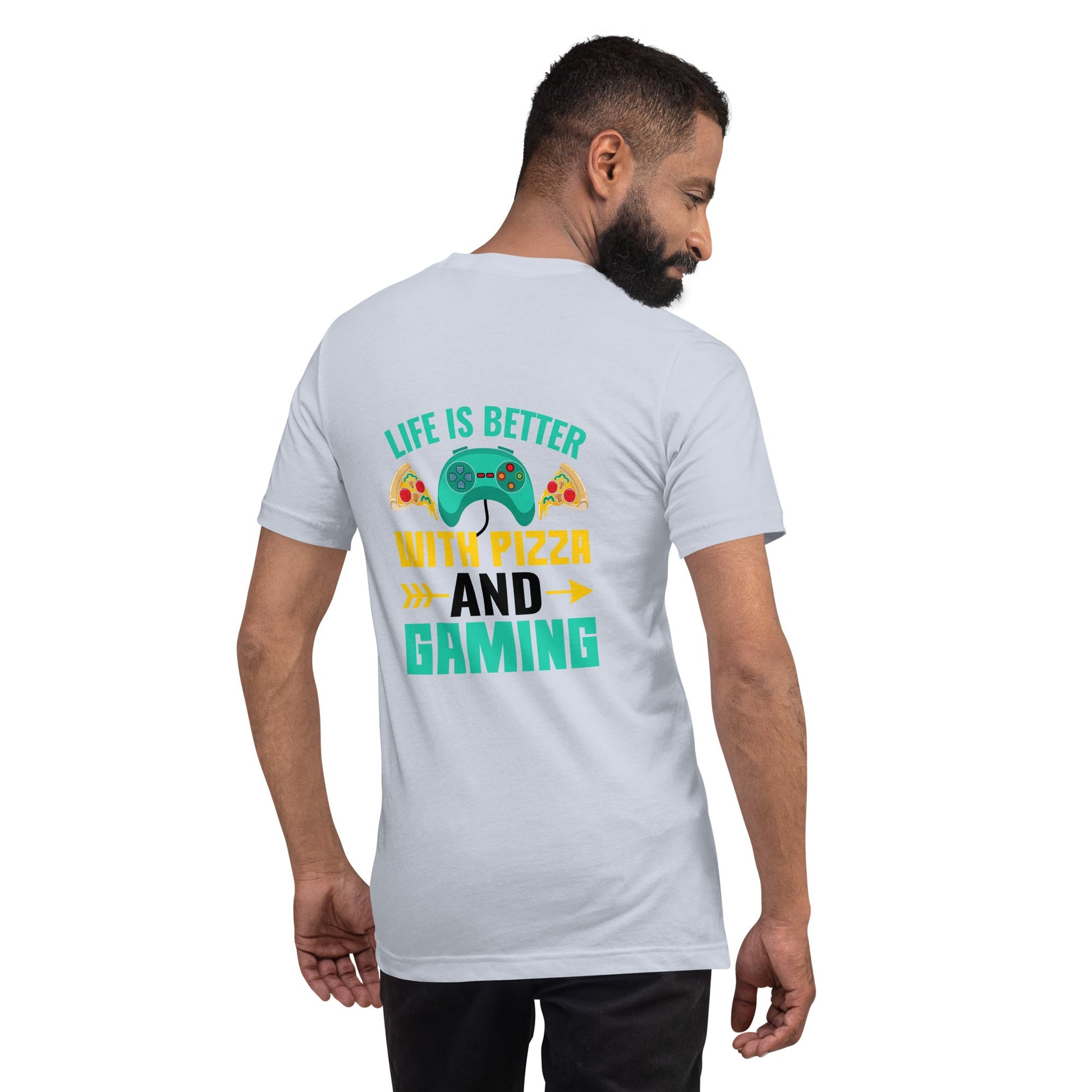 Life is Better With Pizza and Gaming Rima 14 in Dark Text -Unisex t-shirt by DarkByteGear