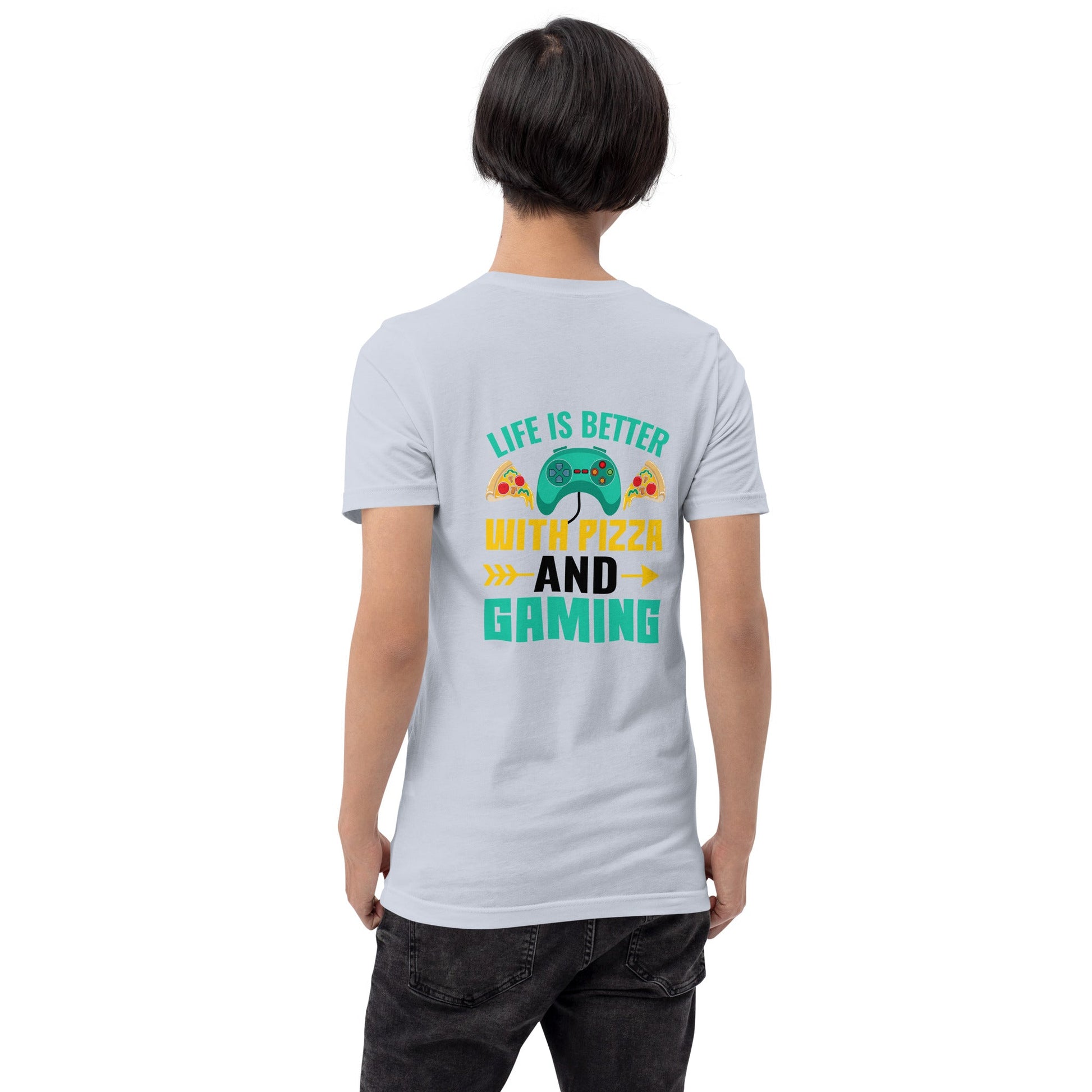Life is Better With Pizza and Gaming Rima 14 in Dark Text -Unisex t-shirt by DarkByteGear