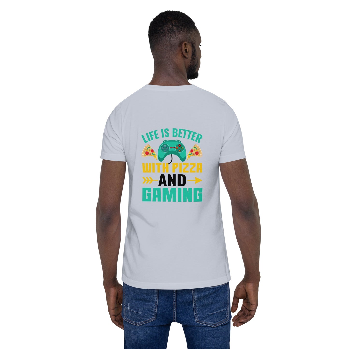 Life is Better With Pizza and Gaming Rima 14 in Dark Text -Unisex t-shirt by DarkByteGear
