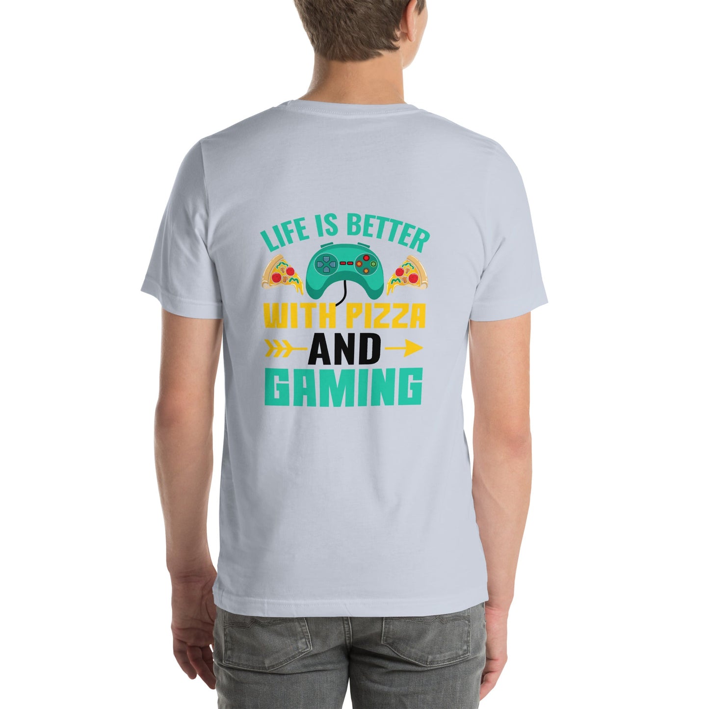 Life is Better With Pizza and Gaming Rima 14 in Dark Text -Unisex t-shirt by DarkByteGear