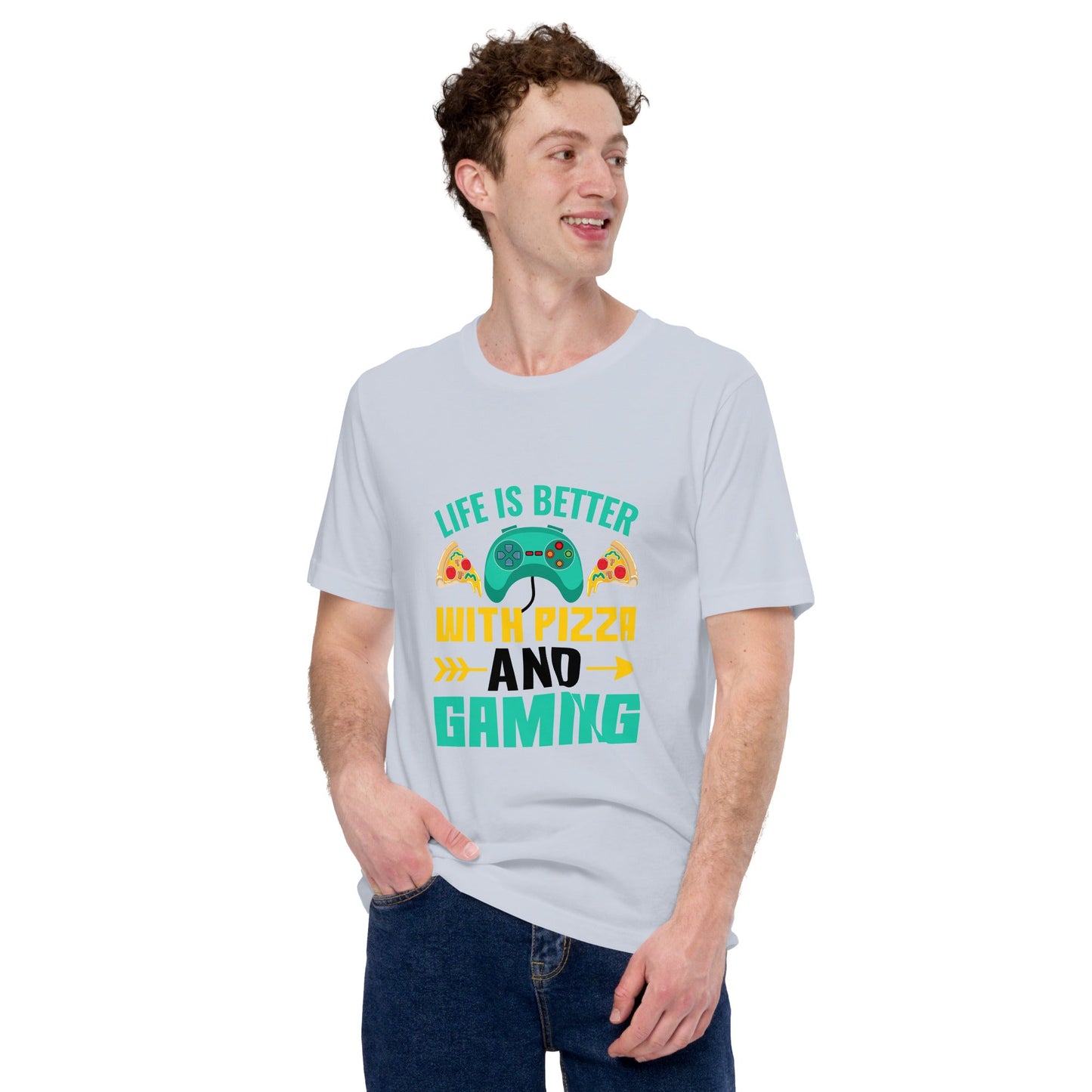 Life is Better With Pizza and Gaming Rima 14 in Dark Text - Unisex t-shirt by DarkByteGear