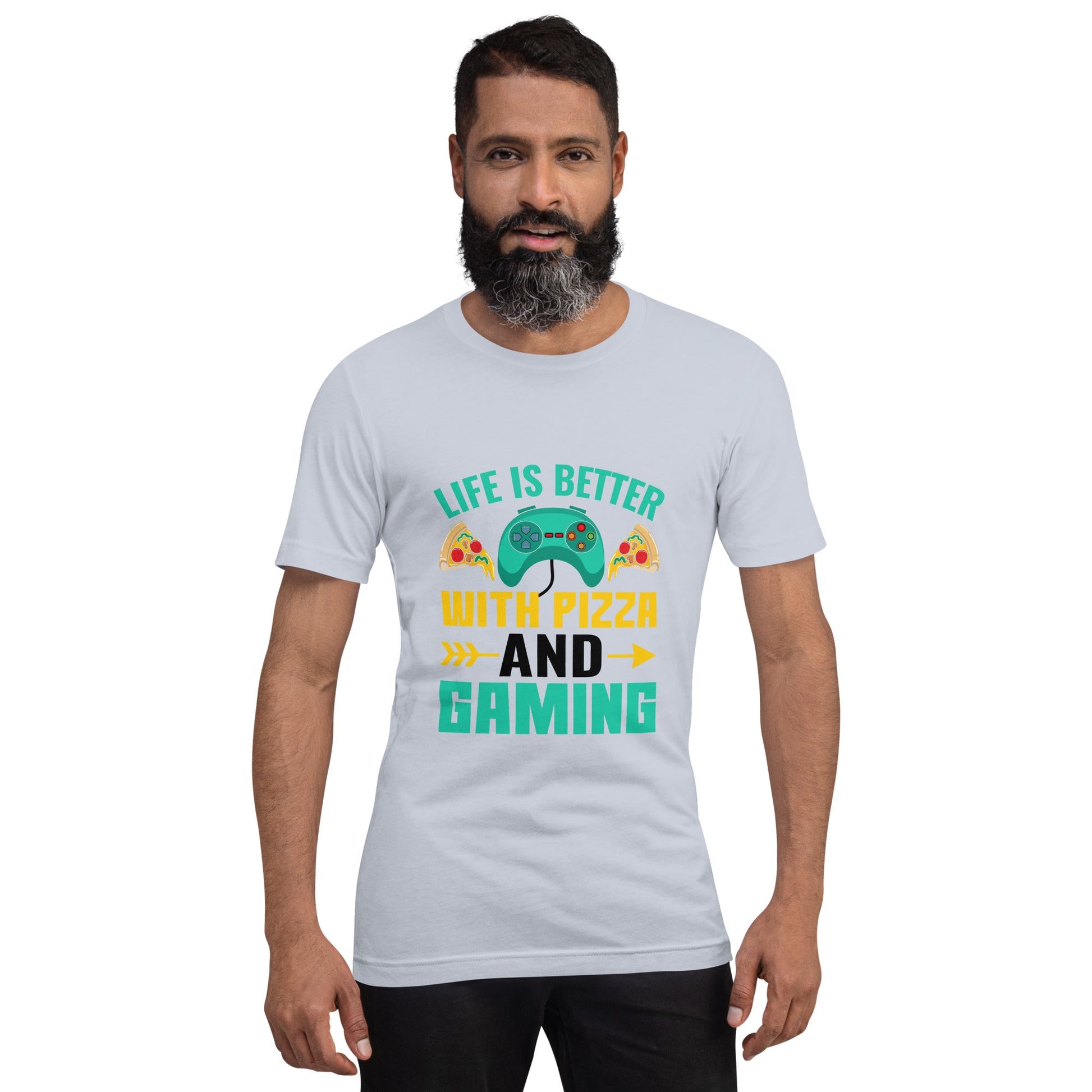Life is Better With Pizza and Gaming Rima 14 in Dark Text - Unisex t-shirt by DarkByteGear