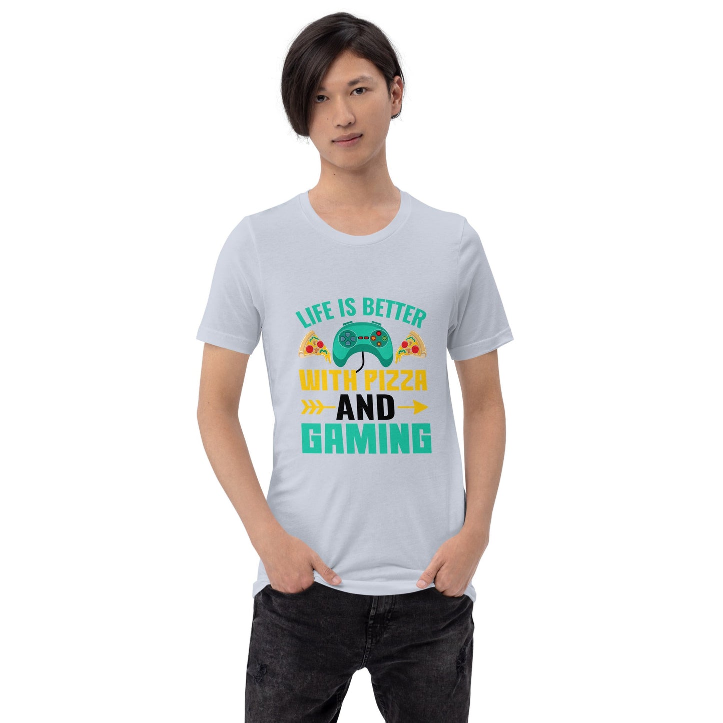 Life is Better With Pizza and Gaming Rima 14 in Dark Text - Unisex t-shirt by DarkByteGear