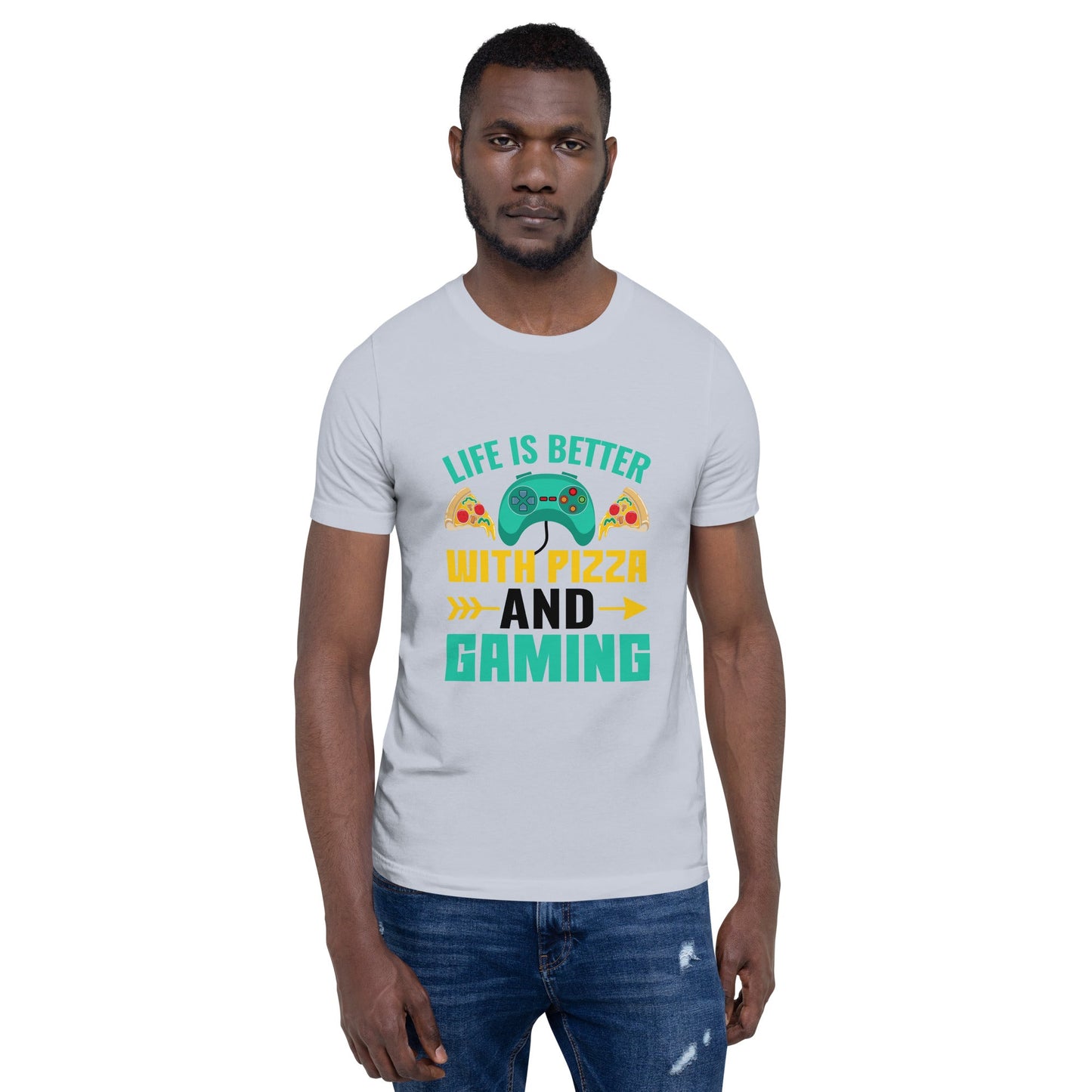 Life is Better With Pizza and Gaming Rima 14 in Dark Text - Unisex t-shirt by DarkByteGear