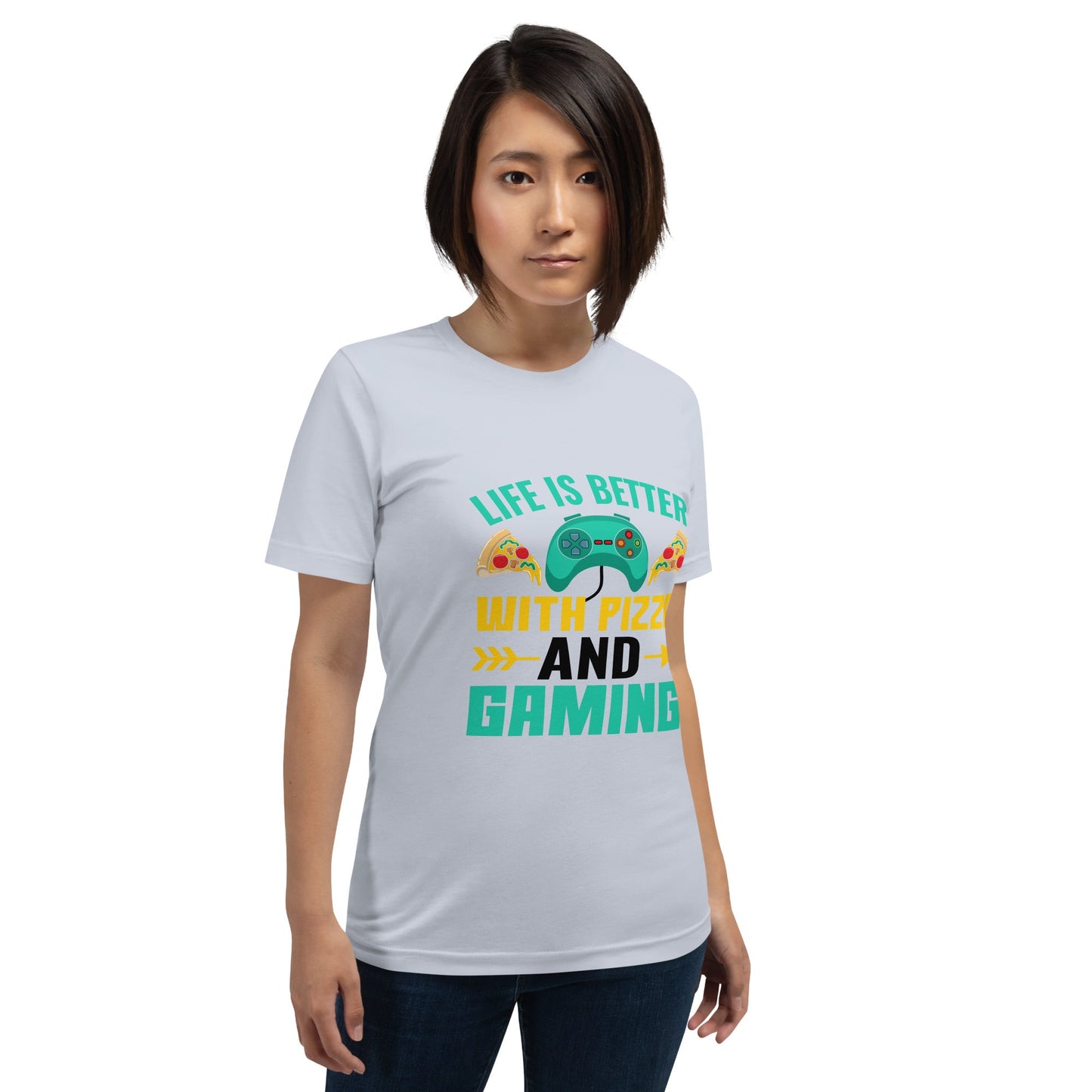 Life is Better With Pizza and Gaming Rima 14 in Dark Text - Unisex t-shirt by DarkByteGear