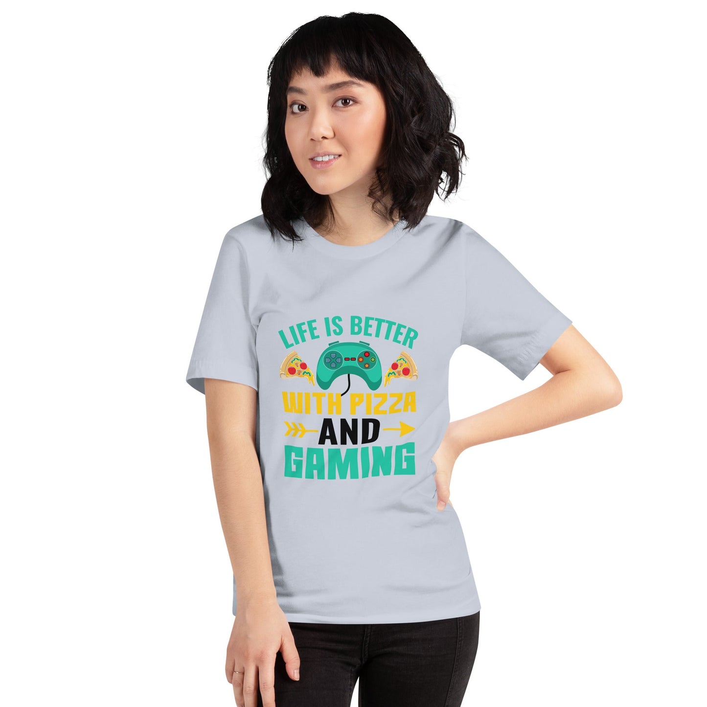 Life is Better With Pizza and Gaming Rima 14 in Dark Text - Unisex t-shirt by DarkByteGear