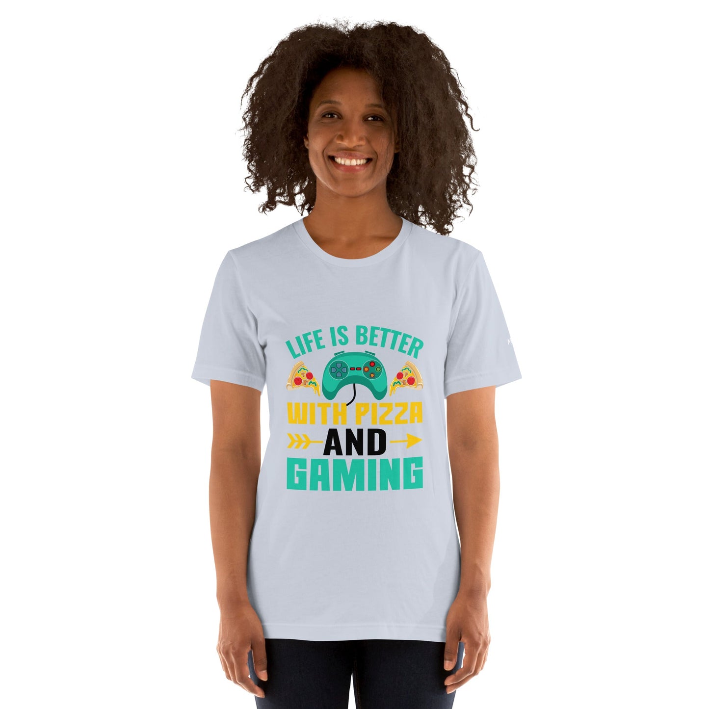 Life is Better With Pizza and Gaming Rima 14 in Dark Text - Unisex t-shirt by DarkByteGear
