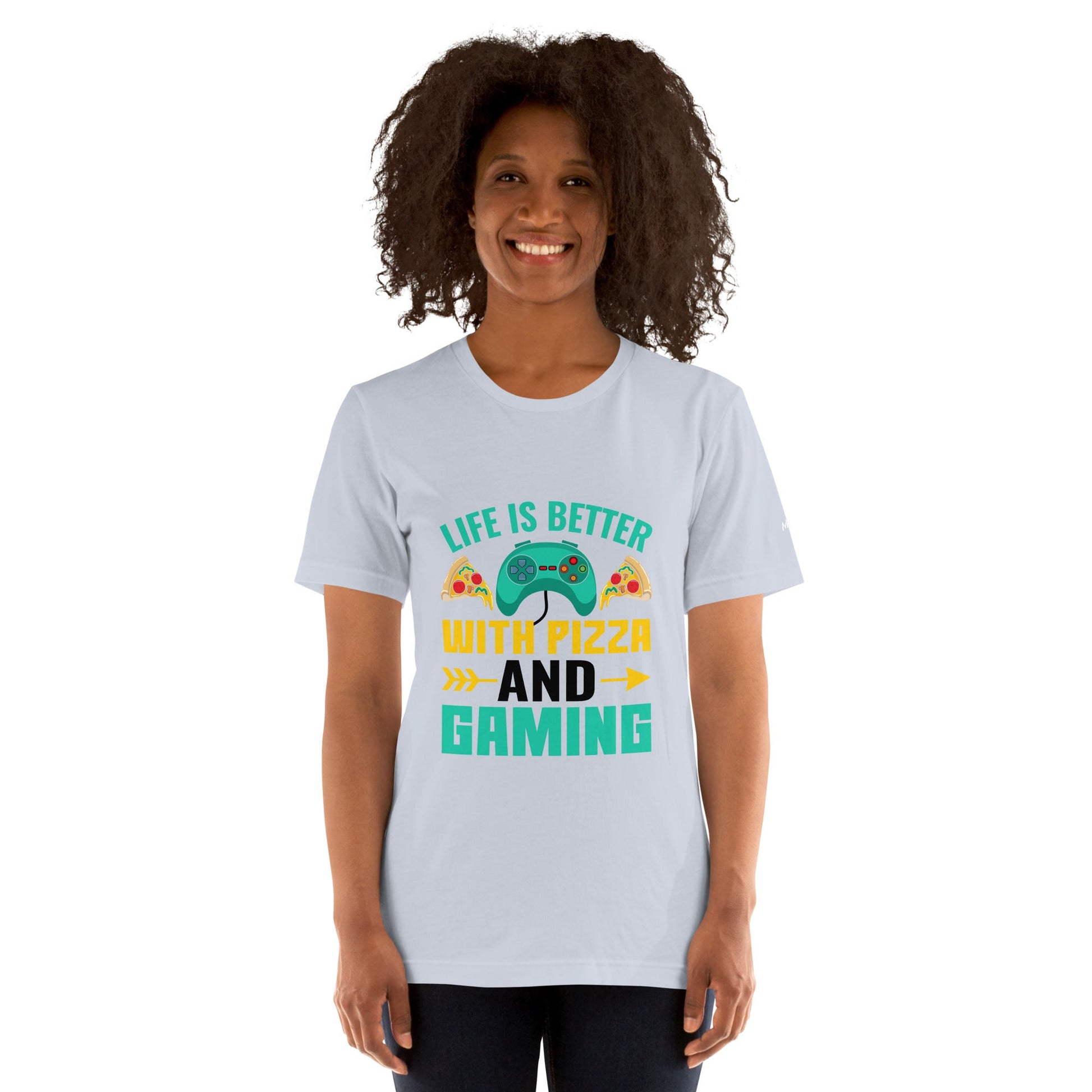 Life is Better With Pizza and Gaming Rima 14 in Dark Text - Unisex t-shirt by DarkByteGear